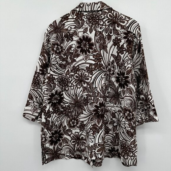 Chicos Size 3 US‎ XL 16 18 Top Shirt Shacket 100% Linen Brown Floral 3/4 Sleeve - Picture 8 of 12